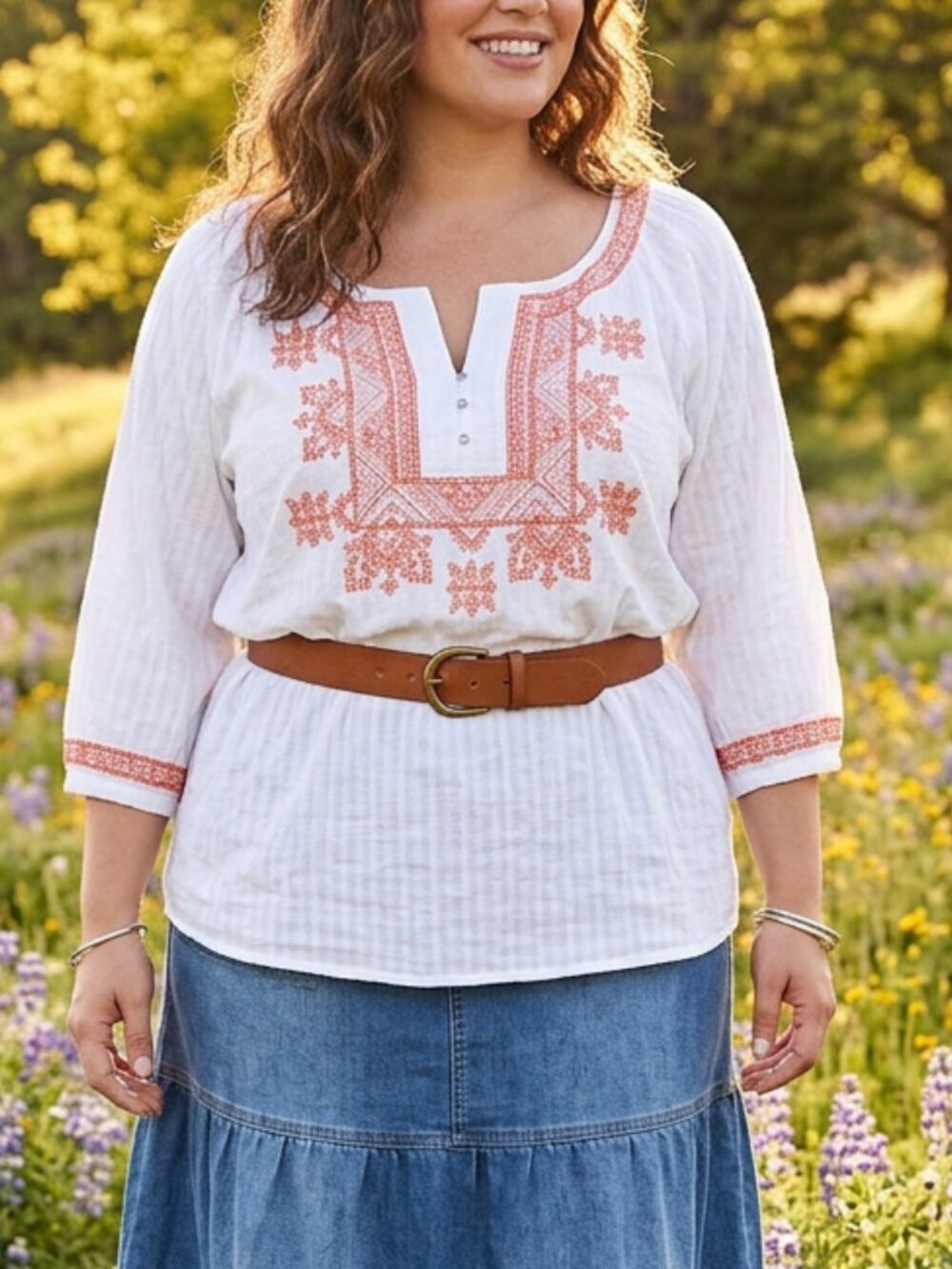 Boho Peasant Style Embroidered Orange & White Balloon Sleeve Top - Size XX Large
